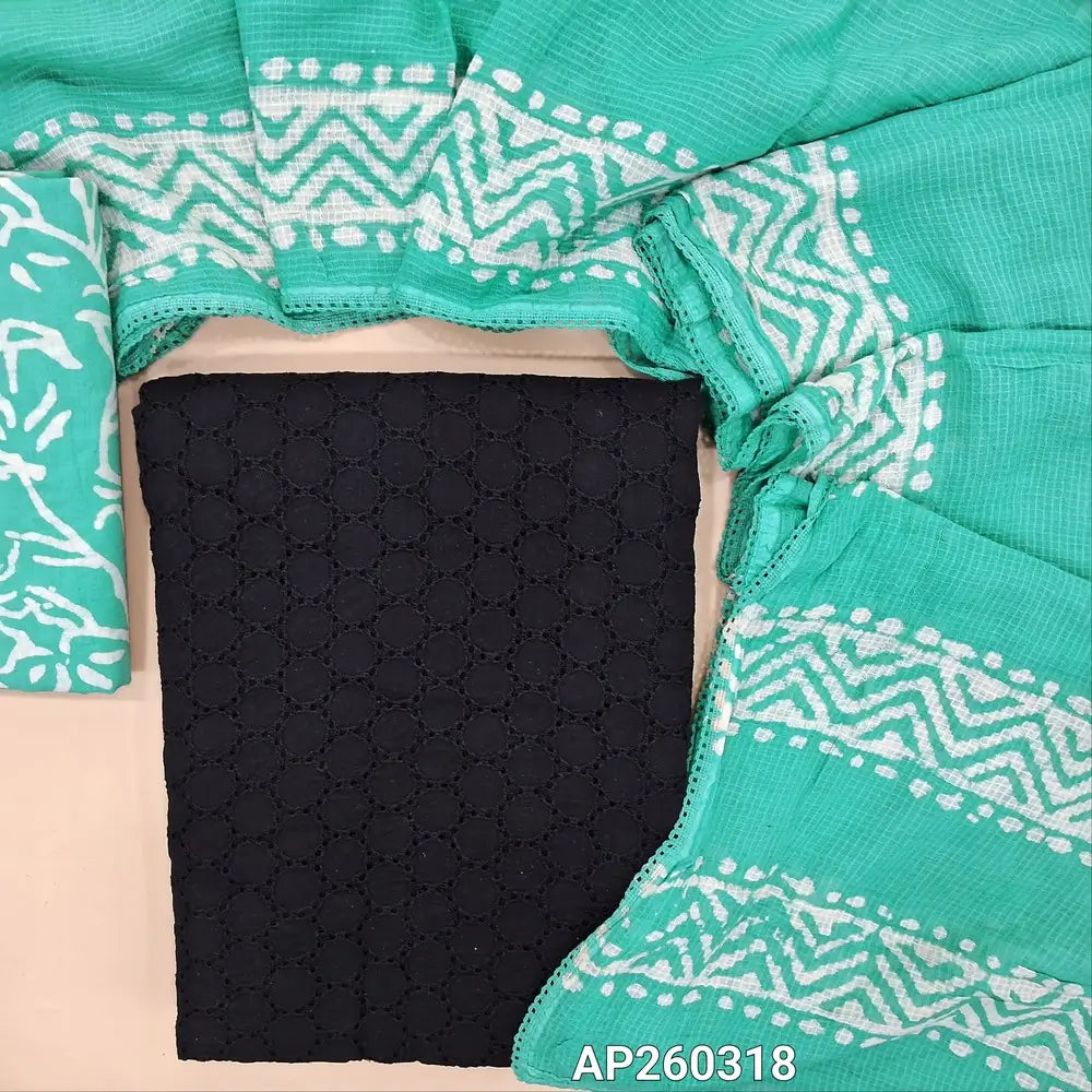 Black schiffli embroidered pure cotton unstitched salwar material(lining needed)pastel blue batik dyed cotton bottom, batik dyed full length kota cotton dupatta with tapping. AP260318