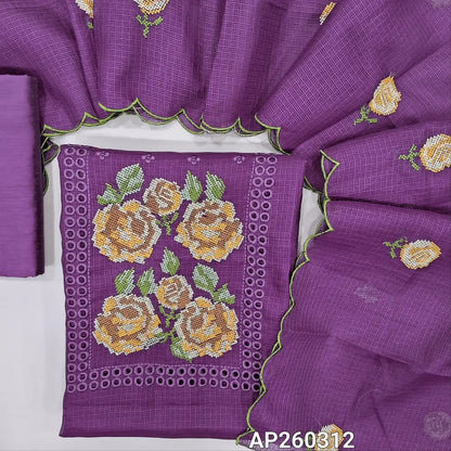 Dark purple fancy kota silk cotton unstitched salwar material, cross stitch embroidered on yoke(thin fabric, lining needed)matching silk cotton bottom, cross stitch embroidered fancy kota silk cotton dupatta with scallop edges. AP260312