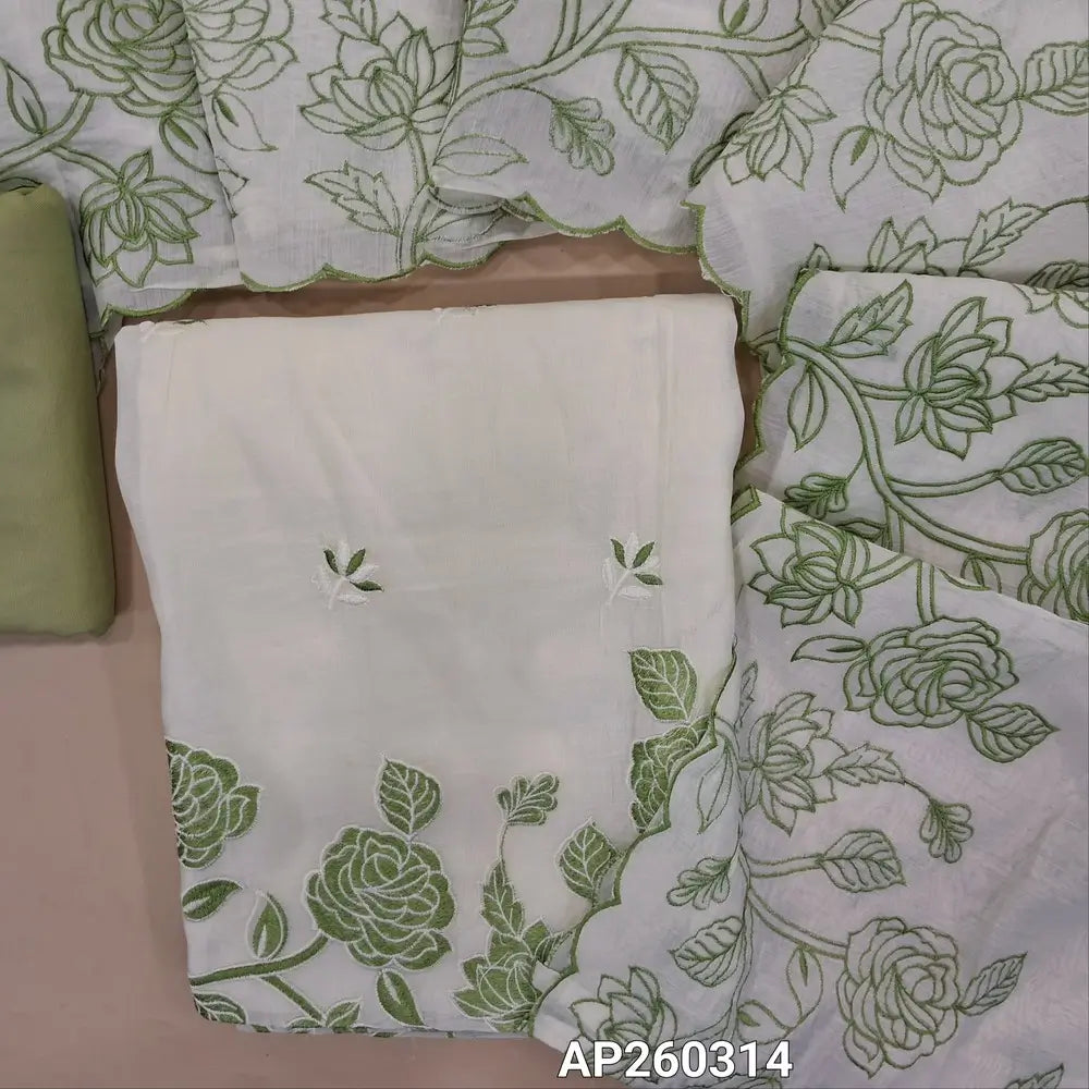 Half white base mul chanderi unstitched salwar material, floral embroidery on front,rich embroidery work on daman,(lining needed)Pastel green spun cotton bottom,floral embroidery on mul chanderi dupatta. AP260314