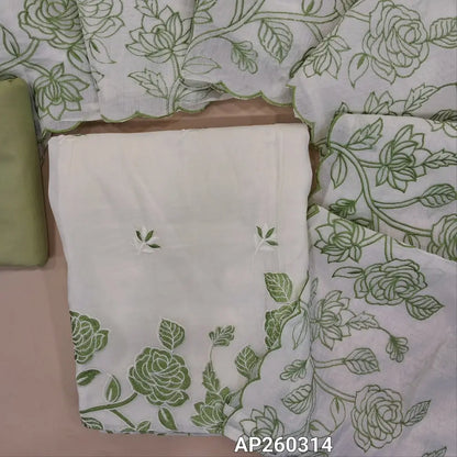 Half white base mul chanderi unstitched salwar material, floral embroidery on front,rich embroidery work on daman,(lining needed)Pastel green spun cotton bottom,floral embroidery on mul chanderi dupatta. AP260314