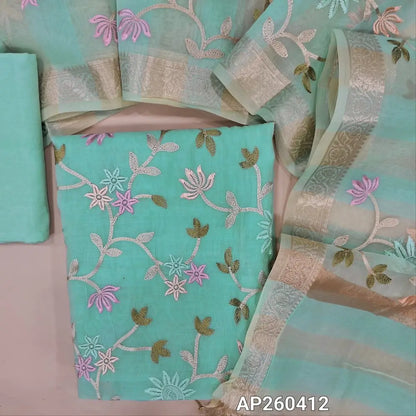 Pastel blue mul chanderi unstitched salwar material,embroidery work on front ( soft,lining needed)matching satoon bottom,floral embroidery on mul chanderi dupatta with benarasi zari woven borders. AP260412