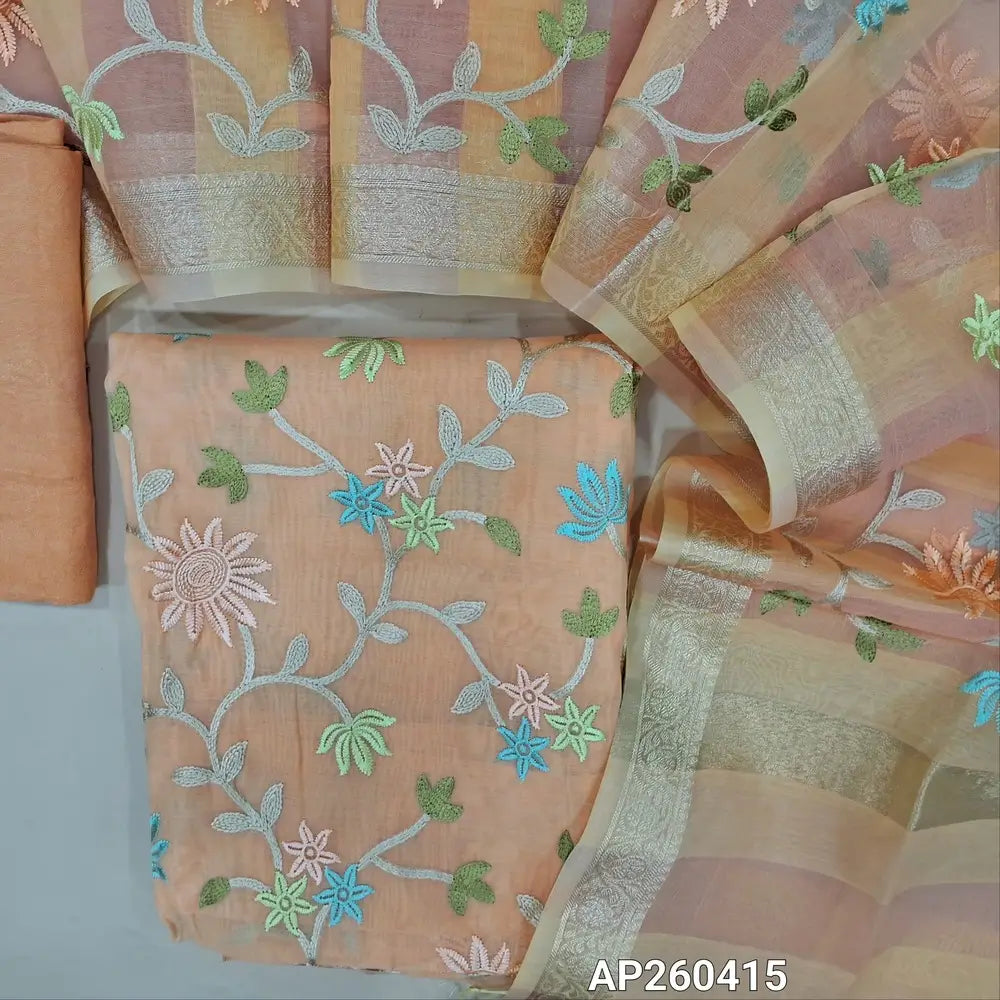 Pastel peach mul chanderi unstitched salwar material,embroidery work on front ( soft,lining needed)matching satoon bottom,floral embroidery on mul chanderi dupatta with benarasi zari woven borders. AP260415