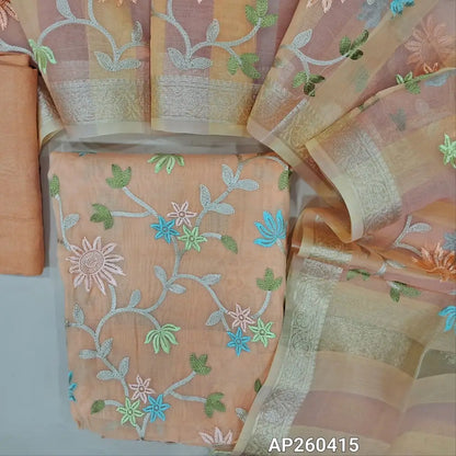 Pastel peach mul chanderi unstitched salwar material,embroidery work on front ( soft,lining needed)matching satoon bottom,floral embroidery on mul chanderi dupatta with benarasi zari woven borders. AP260415