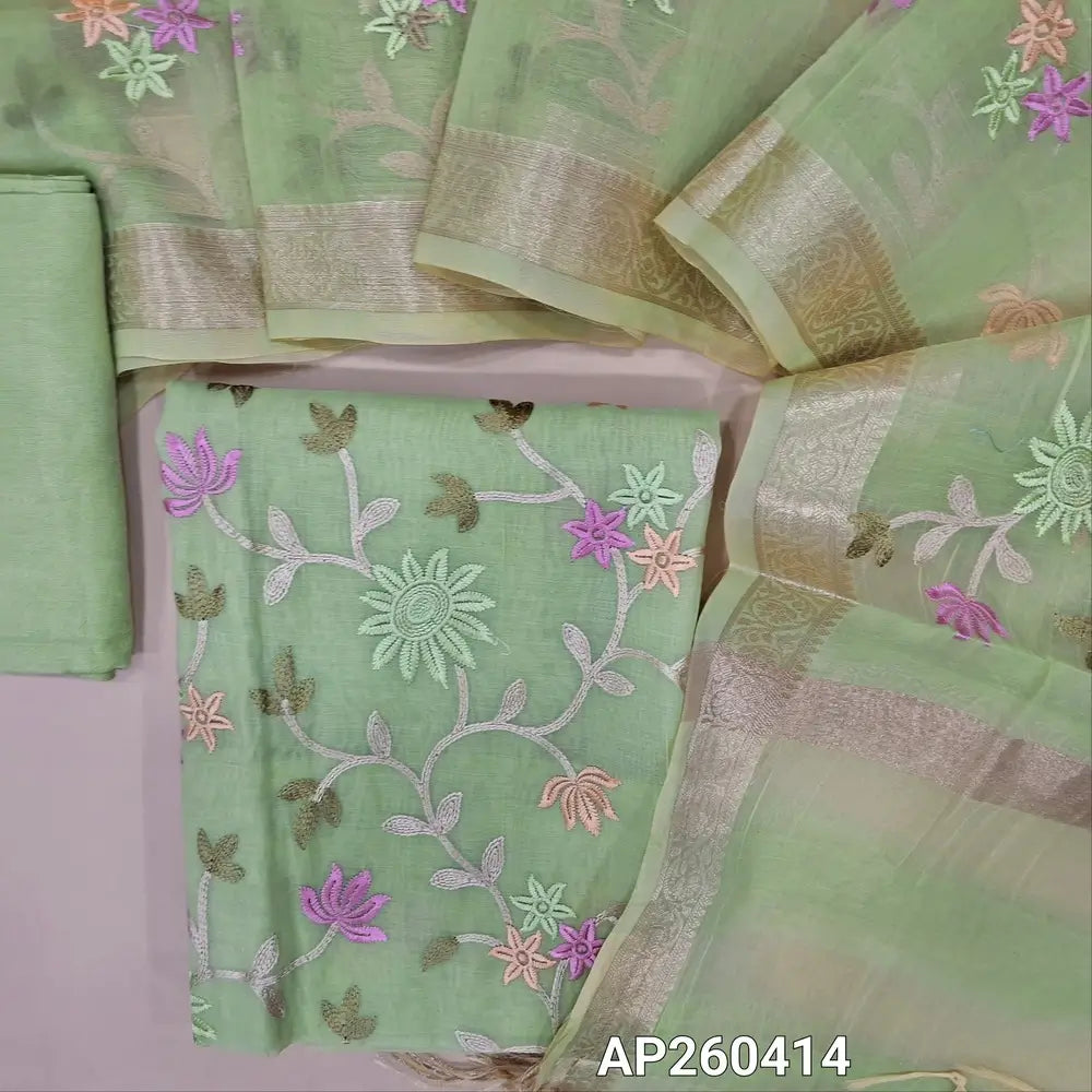 Pastel green mul chanderi unstitched salwar material,embroidery work on front ( soft,lining needed)matching satoon bottom,floral embroidery on mul chanderi dupatta with benarasi zari woven borders. AP260414