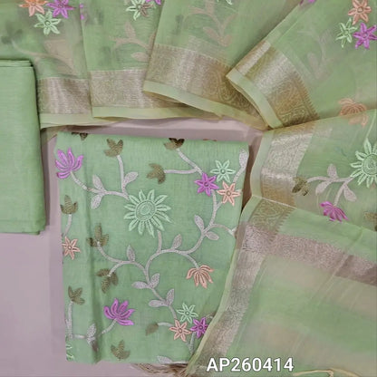 Pastel green mul chanderi unstitched salwar material,embroidery work on front ( soft,lining needed)matching satoon bottom,floral embroidery on mul chanderi dupatta with benarasi zari woven borders. AP260414