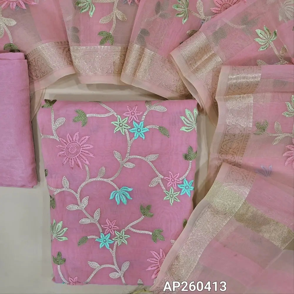 Pastel pink mul chanderi unstitched salwar material,embroidery work on front ( soft,lining needed)matching satoon bottom,floral embroidery on mul chanderi dupatta with benarasi zari woven borders. AP260413
