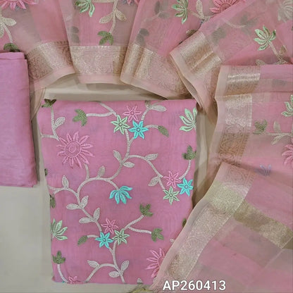 Pastel pink mul chanderi unstitched salwar material,embroidery work on front ( soft,lining needed)matching satoon bottom,floral embroidery on mul chanderi dupatta with benarasi zari woven borders. AP260413