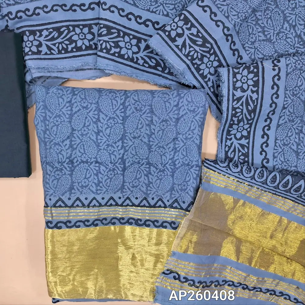 Denim blue block printed fancy silk cotton unstitched salwar material(lining needed) gold tissue borders on daman, dark blue silk cotton bottom, hand block printed fancy silk cotton dupatta with gold tissue pallu. AP260408