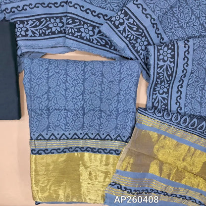 Denim blue block printed fancy silk cotton unstitched salwar material(lining needed) gold tissue borders on daman, dark blue silk cotton bottom, hand block printed fancy silk cotton dupatta with gold tissue pallu. AP260408
