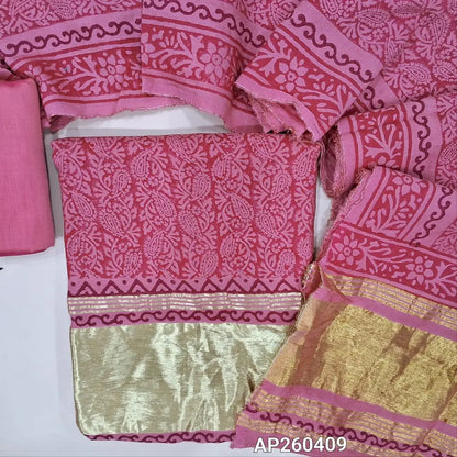 Pink shade block printed fancy silk cotton unstitched salwar material(lining needed) gold tissue borders on daman, dark blue silk cotton bottom, hand block printed fancy silk cotton dupatta with gold tissue pallu. AP260409