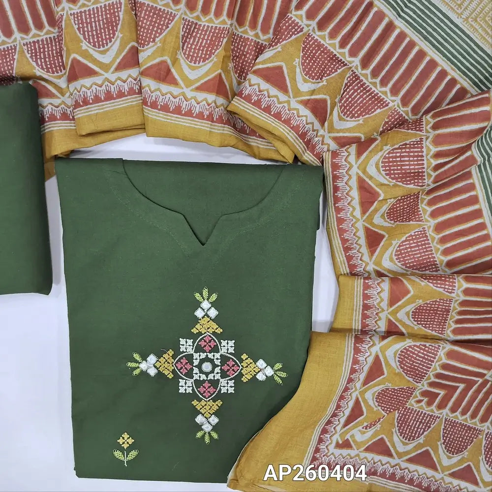 Dark olive green premium pure cotton unstitched salwar material,cross stitch embroidery on front, round  (lining optional)matching cotton bottom, printed pure mul cotton full length dupatta. AP260404
