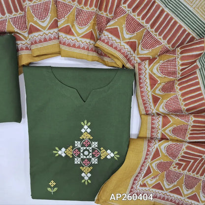Dark olive green premium pure cotton unstitched salwar material,cross stitch embroidery on front, round  (lining optional)matching cotton bottom, printed pure mul cotton full length dupatta. AP260404