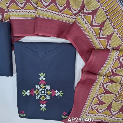 Dark blue premium pure cotton unstitched salwar material,cross stitch embroidery on front, round  (lining optional)matching cotton bottom, printed pure mul cotton full length dupatta. AP260407
