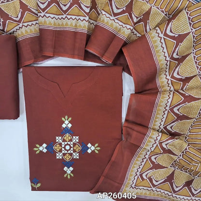 Dark maroon premium pure cotton unstitched salwar material,cross stitch embroidery on front, round  (lining optional)matching cotton bottom, printed pure mul cotton full length dupatta. AP260405