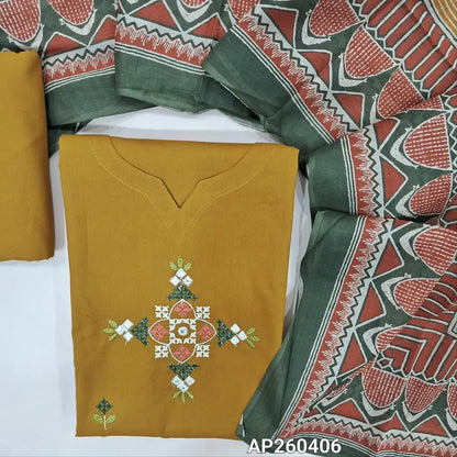 Mehandhi yellow premium pure cotton unstitched salwar material,cross stitch embroidery on front, round  (lining optional)matching cotton bottom, printed pure mul cotton full length dupatta. AP260406