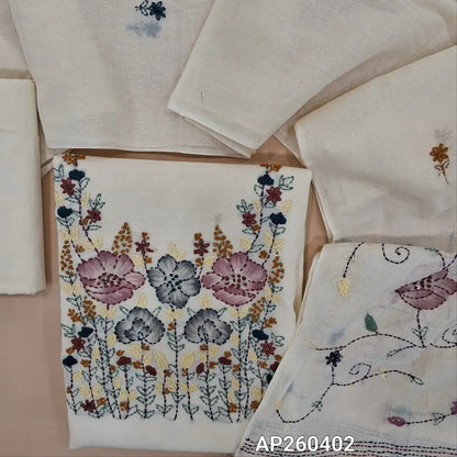 Half White base pure cotton unstitched salwar material (lining needed) hand embroidered brush paint work on front, matching cotton bottom, hand embroidery,brush paint on mul cotton dupatta. AP260402