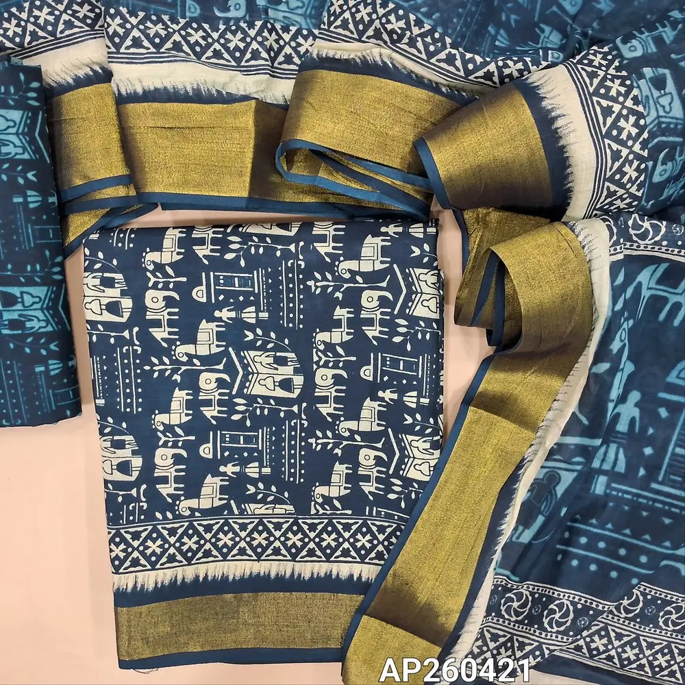 Dark blue warli printed pure cotton unstitched salwar material(lining needed)golden daman borders,wari printed pure cotton bottom, warli printed pure cotton dupatta with zari borders. AP260421