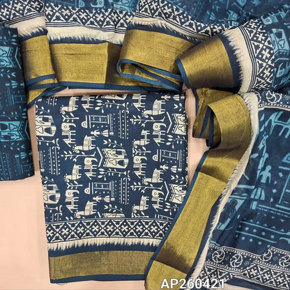 Dark blue warli printed pure cotton unstitched salwar material(lining needed)golden daman borders,wari printed pure cotton bottom, warli printed pure cotton dupatta with zari borders. AP260421