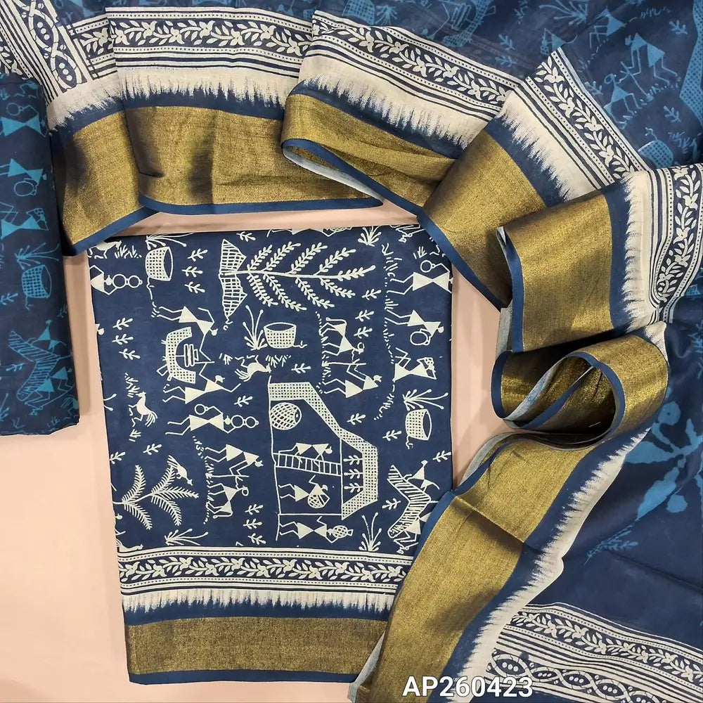 Dark blue warli printed pure cotton unstitched salwar material(lining needed)golden daman borders,wari printed pure cotton bottom, warli printed pure cotton dupatta with zari borders. AP260423