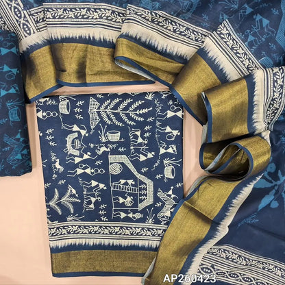 Dark blue warli printed pure cotton unstitched salwar material(lining needed)golden daman borders,wari printed pure cotton bottom, warli printed pure cotton dupatta with zari borders. AP260423