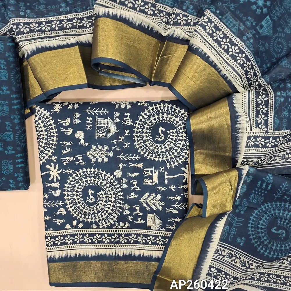 Dark blue warli printed pure cotton unstitched salwar material(lining needed)golden daman borders,wari printed pure cotton bottom, warli printed pure cotton dupatta with zari borders. AP260422