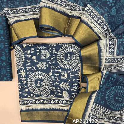 Dark blue warli printed pure cotton unstitched salwar material(lining needed)golden daman borders,wari printed pure cotton bottom, warli printed pure cotton dupatta with zari borders. AP260422