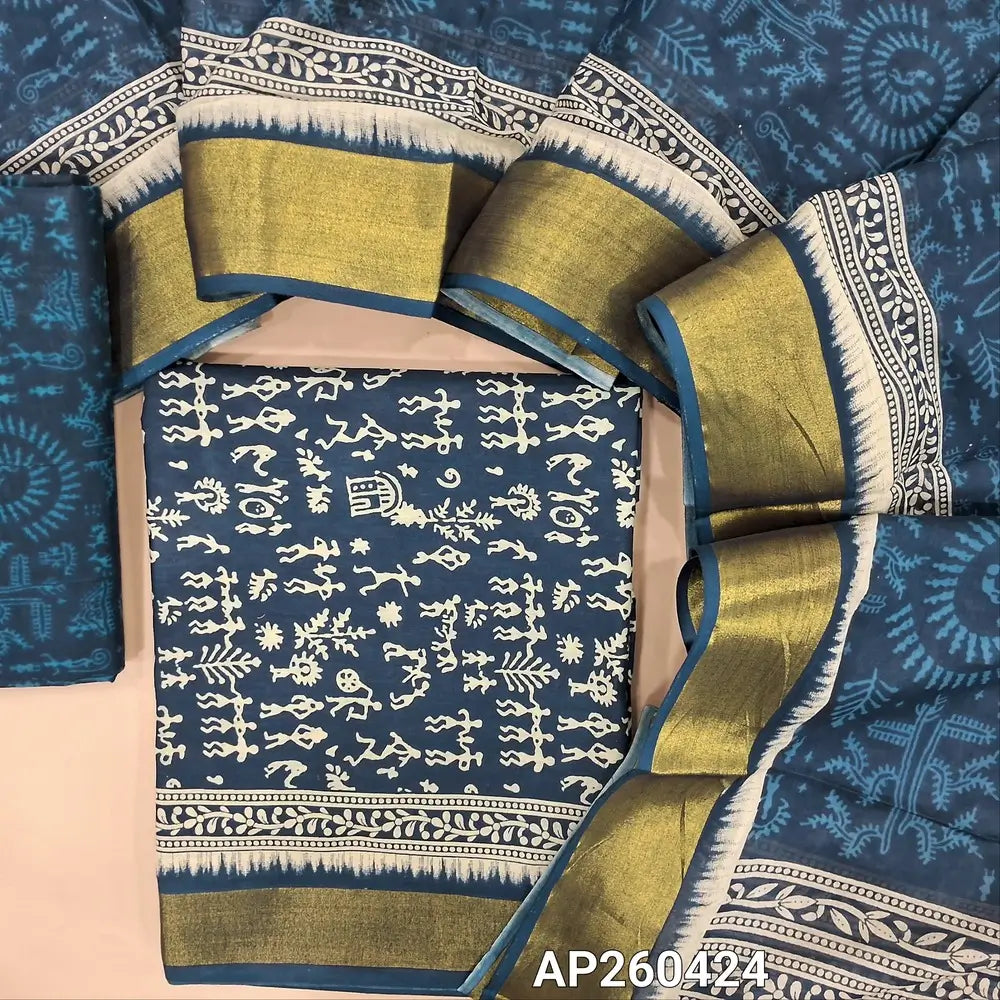 Dark blue warli printed pure cotton unstitched salwar material(lining needed)golden daman borders,wari printed pure cotton bottom, warli printed pure cotton dupatta with zari borders. AP260424
