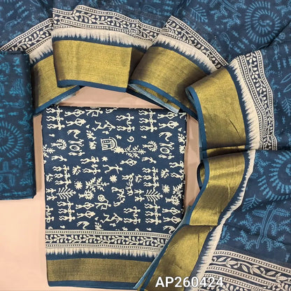 Dark blue warli printed pure cotton unstitched salwar material(lining needed)golden daman borders,wari printed pure cotton bottom, warli printed pure cotton dupatta with zari borders. AP260424