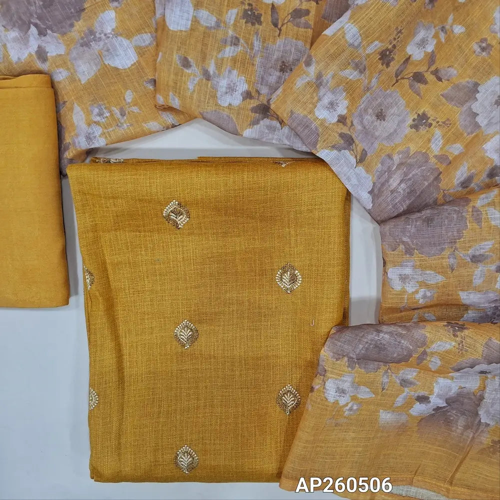 Mehandhi yellow semi linen unstitched salwar material,floral embroidery work on front (textured, lining optional) matching spun cotton bottom,floral printed semi linen dupatta. AP260506