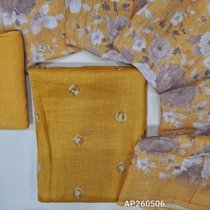 Mehandhi yellow semi linen unstitched salwar material,floral embroidery work on front (textured, lining optional) matching spun cotton bottom,floral printed semi linen dupatta. AP260506
