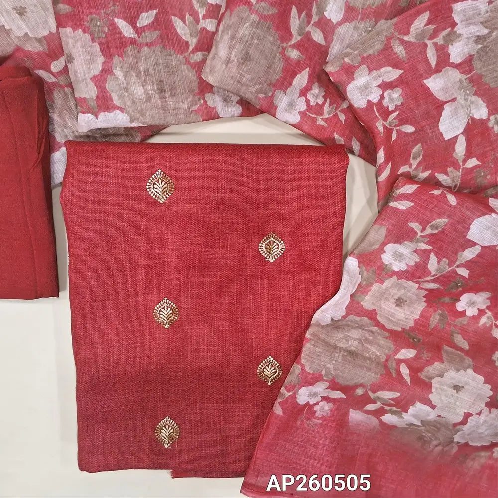 Dark peachish pink semi linen unstitched salwar material,floral embroidery work on front (textured, lining optional) matching spun cotton bottom,floral printed semi linen dupatta. AP260505