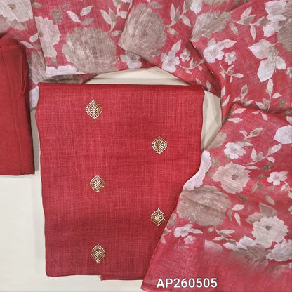 Dark peachish pink semi linen unstitched salwar material,floral embroidery work on front (textured, lining optional) matching spun cotton bottom,floral printed semi linen dupatta. AP260505