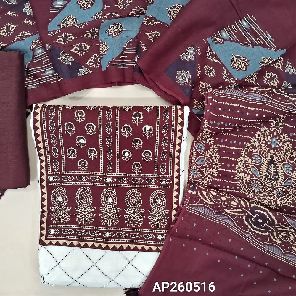 Half white base Pure cotton unstitched salwar material, ajrak yoke patch with real mirror work(Lining Needed) kantha stitch all over,dark maroon silk cotton bottom, printed pure mul cotton full length dupatta . AP260516