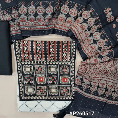 Half white base Pure cotton unstitched salwar material, ajrak yoke patch with real mirror work(Lining Needed) kantha stitch all over,black silk cotton bottom, printed pure mul cotton full length dupatta . AP260517