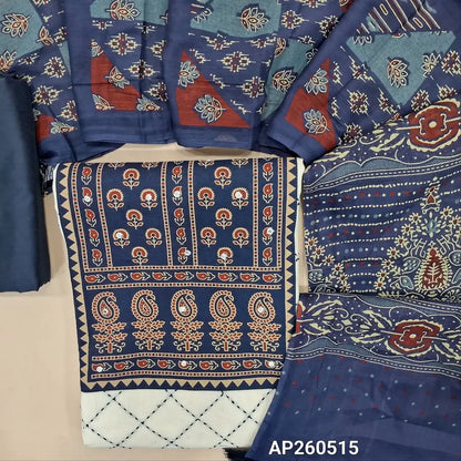 Half white base Pure cotton unstitched salwar material, ajrak yoke patch with real mirror work(Lining Needed) kantha stitch all over,dark blue silk cotton bottom, printed pure mul cotton full length dupatta . AP260515