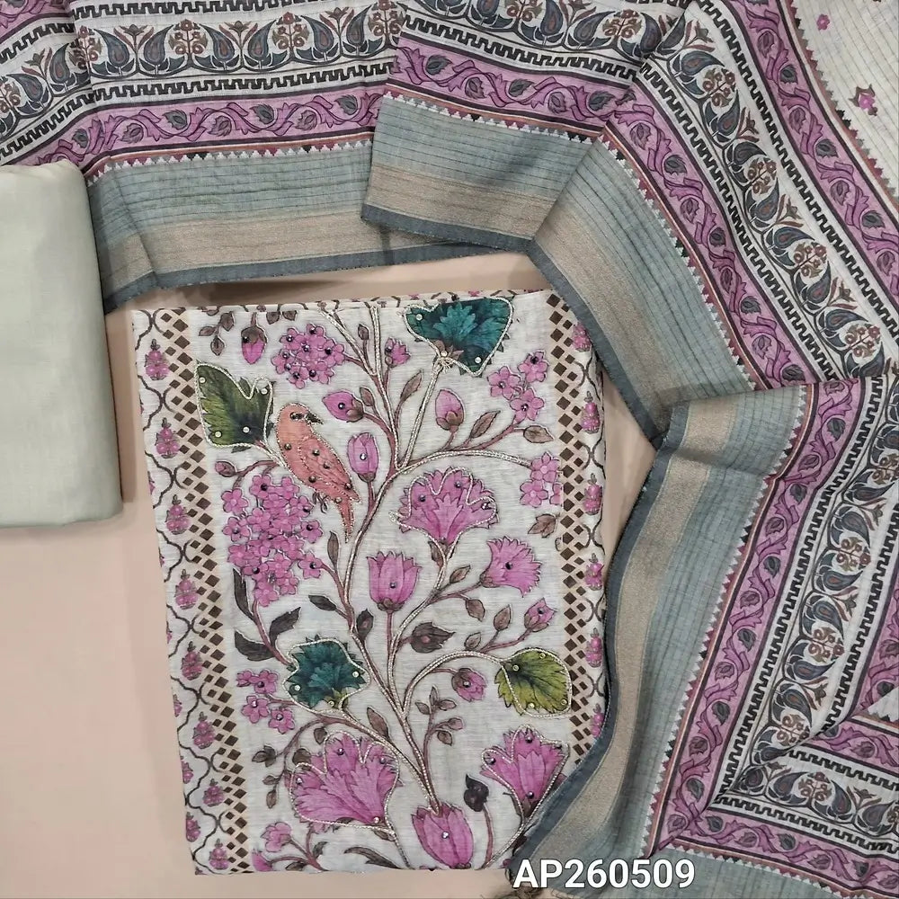 Half white base digital printed mul chanderi unstitched salwar material,zari and sequins work on front,panel design(PINK)(soft, lining needed)half white bottom,digital printed mul chanderi dupatta. AP260509