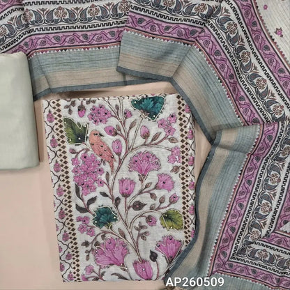 Half white base digital printed mul chanderi unstitched salwar material,zari and sequins work on front,panel design(PINK)(soft, lining needed)half white bottom,digital printed mul chanderi dupatta. AP260509