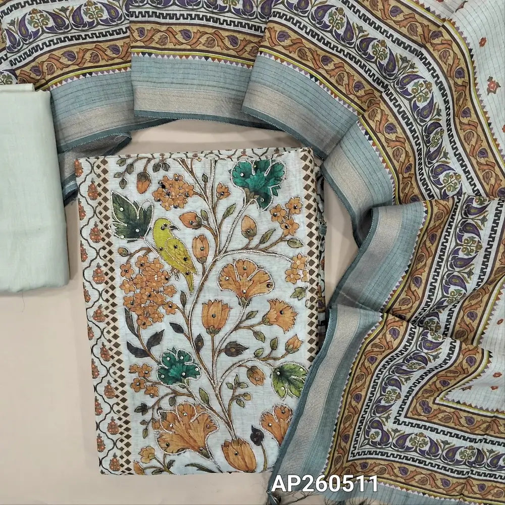 Half white base digital printed mul chanderi unstitched salwar material,zari and sequins work on front,panel design(DARK PEACH)(soft, lining needed)half white bottom,digital printed mul chanderi dupatta. AP260511
