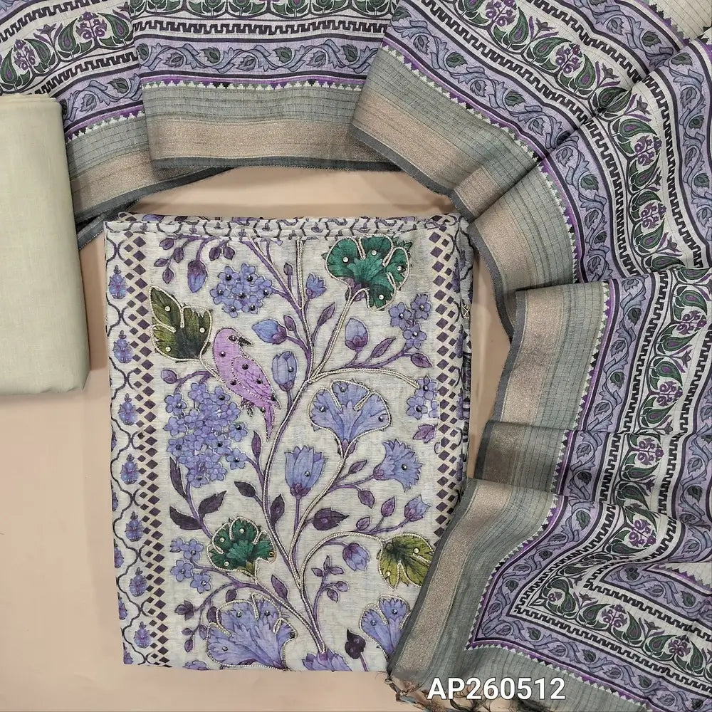Half white base digital printed mul chanderi unstitched salwar material,zari and sequins work on front,panel design(BLUE)(soft, lining needed)half white bottom,digital printed mul chanderi dupatta. AP260512