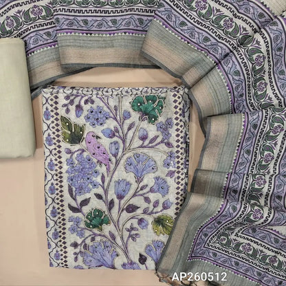 Half white base digital printed mul chanderi unstitched salwar material,zari and sequins work on front,panel design(BLUE)(soft, lining needed)half white bottom,digital printed mul chanderi dupatta. AP260512