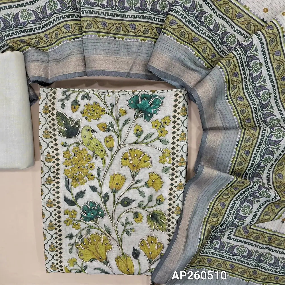 Half white base digital printed mul chanderi unstitched salwar material,zari and sequins work on front,panel design(GREEN)(soft, lining needed)half white bottom,digital printed mul chanderi dupatta. AP260510