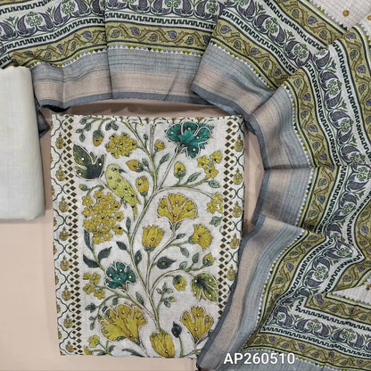 Half white base digital printed mul chanderi unstitched salwar material,zari and sequins work on front,panel design(GREEN)(soft, lining needed)half white bottom,digital printed mul chanderi dupatta. AP260510