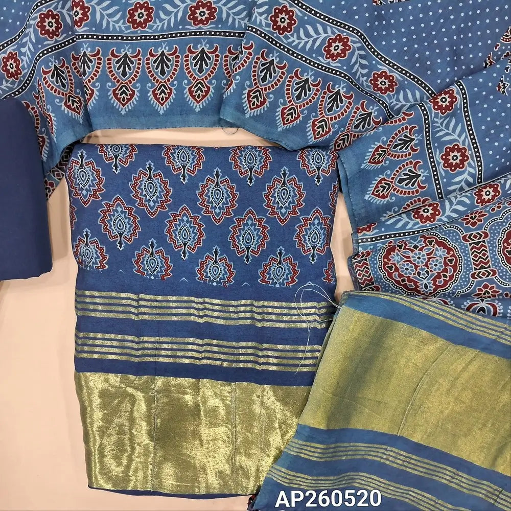 Indigo blue ajrak printed taspa silk unstitched salwar material(lining needed) tissue borders on daman, matching cotton bottom,ajrak printed taspa silk dupatta with tissue pallu (TAPING NEEDED) AP260520
