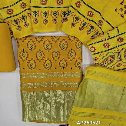 Bright mehandhi yellow ajrak printed taspa silk unstitched salwar material(lining needed) tissue borders on daman, matching cotton bottom,ajrak printed taspa silk dupatta with tissue pallu (TAPING NEEDED) AP260521