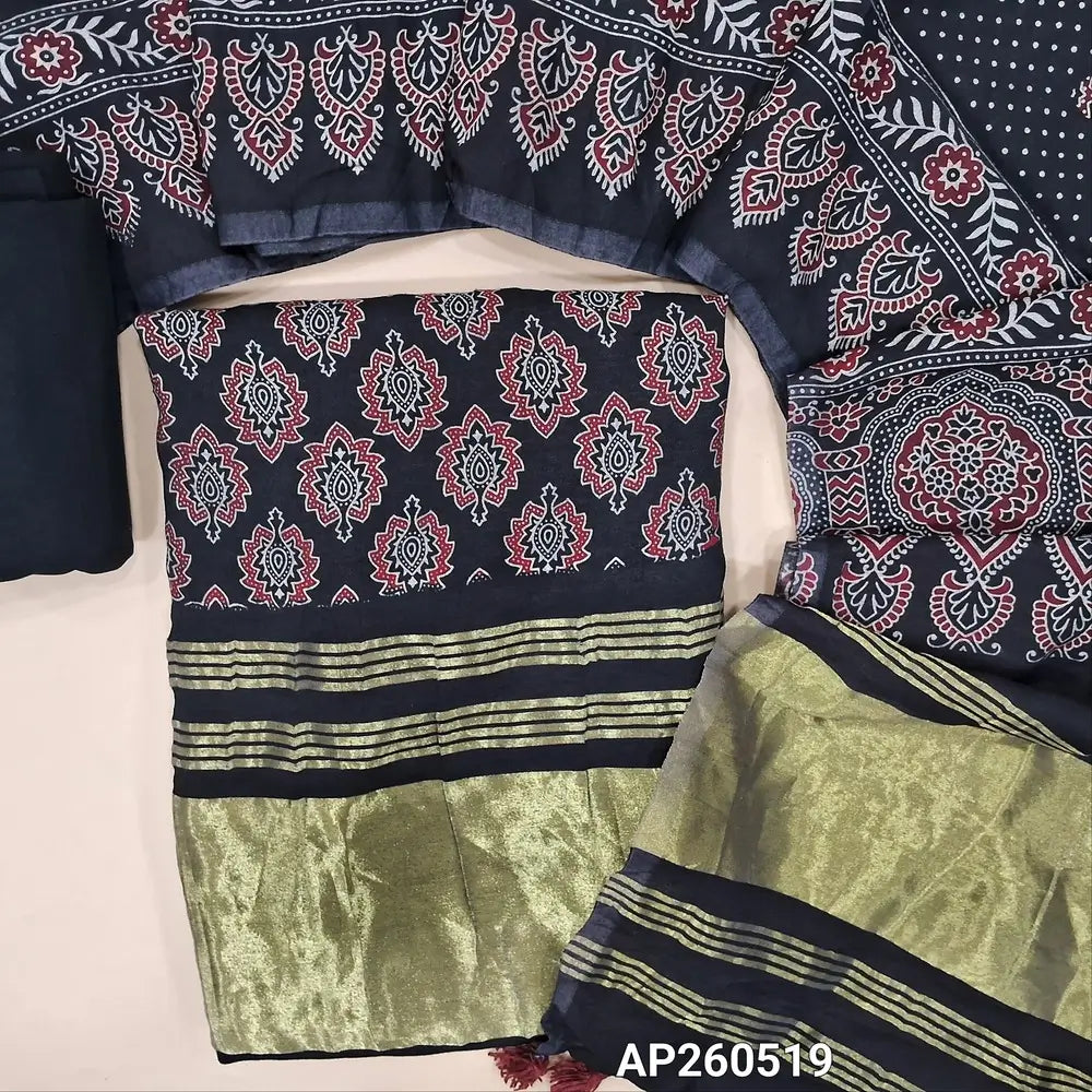 Black ajrak printed taspa silk unstitched salwar material(lining needed) tissue borders on daman, matching cotton bottom,ajrak printed taspa silk dupatta with tissue pallu (TAPING NEEDED) AP260519