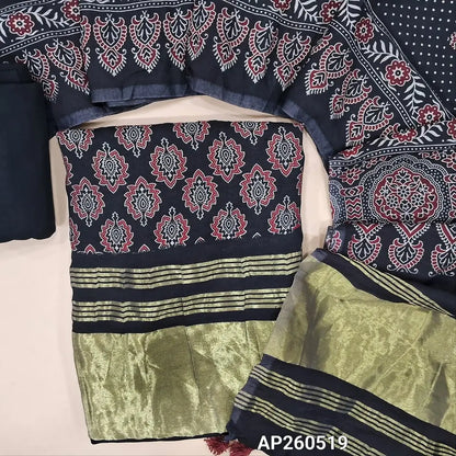 Black ajrak printed taspa silk unstitched salwar material(lining needed) tissue borders on daman, matching cotton bottom,ajrak printed taspa silk dupatta with tissue pallu (TAPING NEEDED) AP260519