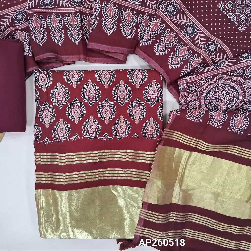 Dark maroon ajrak printed taspa silk unstitched salwar material(lining needed) tissue borders on daman, matching cotton bottom,ajrak printed taspa silk dupatta with tissue pallu (TAPING NEEDED) AP260518
