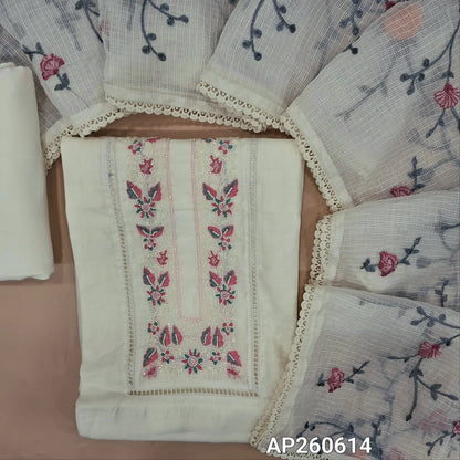 White premium silk cotton unstitched salwar material, cut bead, lace work and thread embroidery on yoke (lining needed)spun cotton bottom, rich embroidery work on full length kota dupatta with lace tapping. AP260614