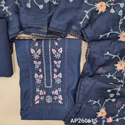 Dark blue premium silk cotton unstitched salwar material, cut bead, lace work and thread embroidery on yoke (lining needed)spun cotton bottom, rich embroidery work on full length kota dupatta with lace tapping. AP260615