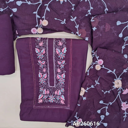 Deep wine purple premium silk cotton unstitched salwar material, cut bead, lace work and thread embroidery on yoke (lining needed)spun cotton bottom, rich embroidery work on full length kota dupatta with lace tapping. AP260616